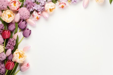 Beautiful spring flowers on a pink background. Flat lay, top view, Mother's Day spring flowers with copy space, AI Generated
