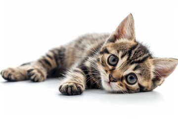 Playful cute tabby fluffy kitten is isolated on white background
