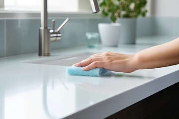 A pristine kitchen counter being cleaned with a cloth - obrazy, fototapety, plakaty