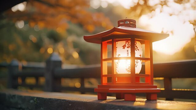 Closeup of a small lantern p at the entrance of the bridge, adding a traditional Japanese touch to the tranquil setting.