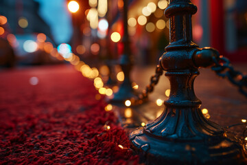 Lanterns on a red carpet in the city at night