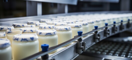 Obraz premium Automated process line with dairy products in modern factory. Food industry and technology.