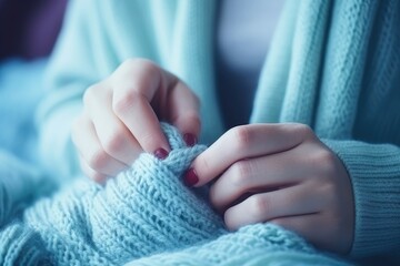 Hands sewing on a thick blue knit.