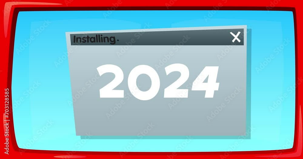 Poster Abstract cartoon screen with the number 2024 in an install window. Computer Software. Video message of a screen displaying an installation window.
