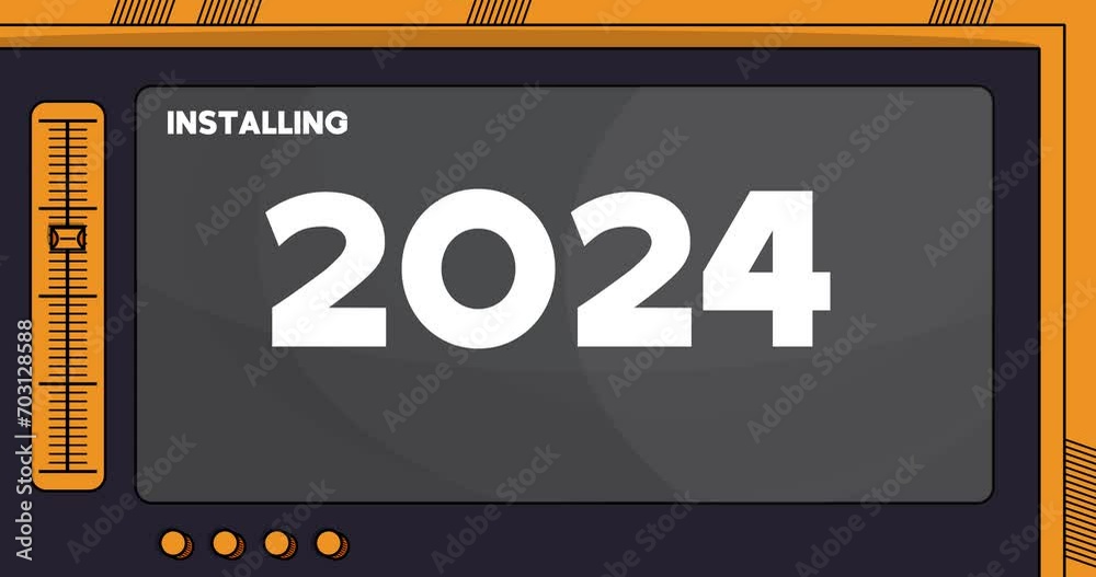 Poster Cartoon Computer With the number 2024. Video message of a screen displaying an installation window.