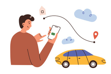 Man requests taxi ride by phone, cab mobile app illustration, hand drawn composition with cartoon person and car, vector icon of smartphone with car sharing service, book transportation for trip