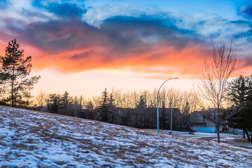 Sunset sky landscape at Oleskiw residential neighbourhood Edmonton, Alberta, Canada