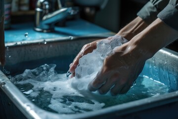 Soapy hands washing in a sink with a blue hue - obrazy, fototapety, plakaty