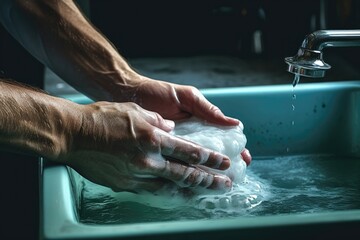Hands washing with soapy water in a kitchen sink. - obrazy, fototapety, plakaty