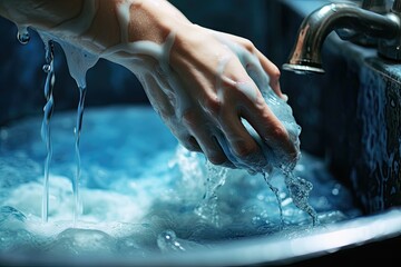 Hands lathering soap under running tap water. - obrazy, fototapety, plakaty