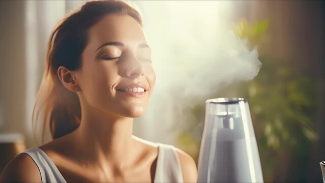 Closeup of a woman with a facial steamer, promoting hydration and helping to open up pores for a deeper cleanse.