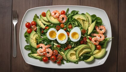  a plate of salad with shrimp, avocado, tomatoes, and hard boiled eggs with a fork and knife on a wooden table with a knife and fork.