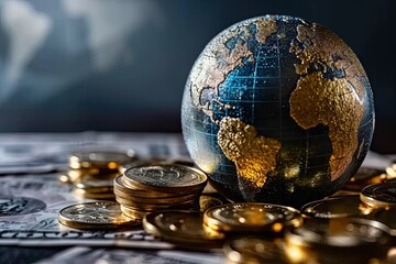 Financial frontier. Exploring global landscape of business money and growth. Currency constellation. Mapping world of finance investment and wealth. Dollars and decisions. Navigating for success - obrazy, fototapety, plakaty