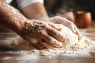 Detailed view of hands pressing dough on a wooden table