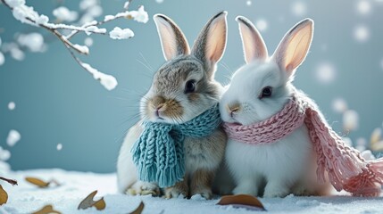 Male easter cute bunny with blue and female easter bunny with pink scarf are playing isolated on a light blue background. Generative AI.
