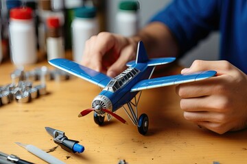 Hands adjusting an airplane model with precision tools.