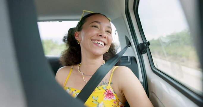 Woman, car and road trip with laugh by window with thinking, ideas and comic memory for vacation travel. Girl, person and happy in vehicle with smile to remember funny story with driving on road
