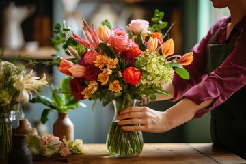 Florist placing a colorful bouquet in a clear vase