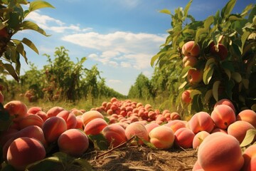 Peach tree with ripe peaches in the orchard. Beautiful summer landscape, Peaches in the farm field, AI Generated
