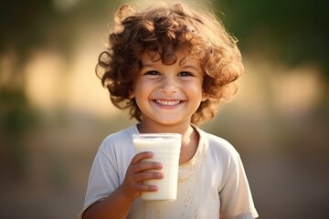 Cute little boy with glass of milk on blurred background, closeup, Perfect kids smile with a happy boy displaying a beautiful white milk toothy smile, AI Generated