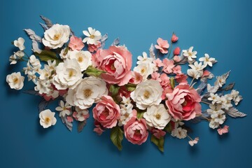 Obraz na płótnie Canvas Beautiful floral composition on blue background. Flat lay, top view, Pink and white flowers on a blue background, AI Generated