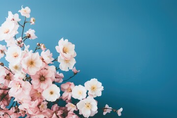 cherry blossom on blue background - soft focus with vintage filter, Pink and white flowers on a blue background, AI Generated
