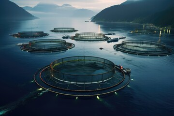 Aerial view of a fishing village in the fjord, A salmon fish farm in ocean water near the coast of...