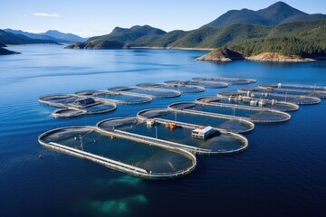 Aerial view of fish farming in the fjords of Norway, A salmon fish farm in ocean water near the coast of Streymay Island, AI Generated