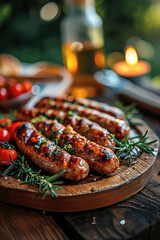 Very delicious looking sausages are on a cooked wooden serving plate on a wooden table. Generative AI. - obrazy, fototapety, plakaty