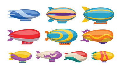 Colorful passenger airships set collection, Bright colored cigar shaped balloons retro zeppelin with stripes cabins, mechanical flying airship, huge balloons for tourism, vector cartoon illustration. © vesvocrea