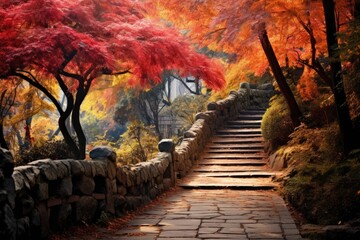 Autumn park landscape with fallen leaves on the ground and path, Nice pathway in autumn colors, AI Generated