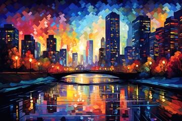 Cityscape with reflection in the river at sunset. Vector illustration, Nocturnal urban landscape with a river and skyscrapers depicted in a post-impressionist art style, AI Generated