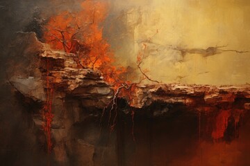 Grunge background with forest fire and old wall. Digital painting, Oil paint with a highly textured...