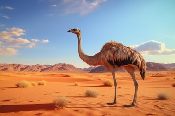 Ostrich in the Sahara desert, Morocco. 3d render, Ostrich in the desert HD 8K wallpaper stock photographic image, AI Generated