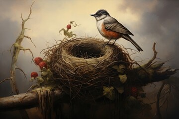 bird in a bird's nest on a background of an autumn landscape, Painting of a bird perched on top of a nest, AI Generated - Powered by Adobe
