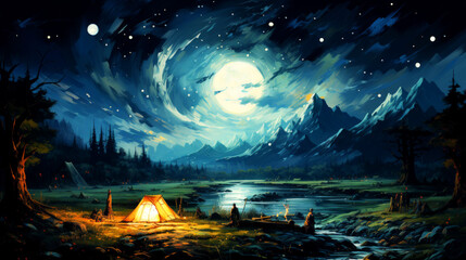 Fantasy landscape with a tent on the background of mountains and the moon. - obrazy, fototapety, plakaty