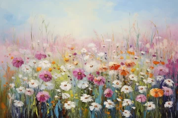 Fototapete Rund Oil painting of flowers on canvas. Colorful meadow with flowers, Paintings of flowers in the style of Monet, Claude, impressionism paint landscapes with flower meadows in oil, AI Generated © Ifti Digital