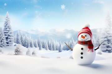 Snowman against fir trees in snowy landscape 3d-illustration, Panoramic view of a happy snowman in winter scenery with copy space, AI Generated