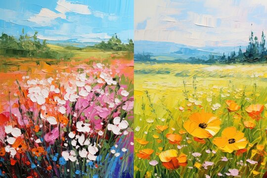 Original oil painting of poppies on canvas. Two version, Paintings of flowers in the style of Monet, Claude, impressionism paint landscapes with flower meadows in oil, AI Generated