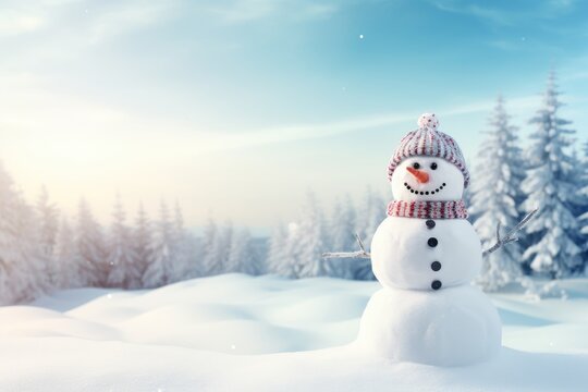 Snowman in the winter forest at sunset. Christmas and New Year background, Panoramic view of a happy snowman in winter scenery with copy space, AI Generated