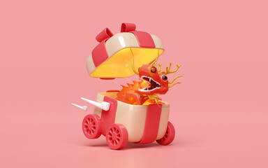 3d gift box open on wheels with chinese dragon. chinese new year 2024 capricorn. 3d render illustration