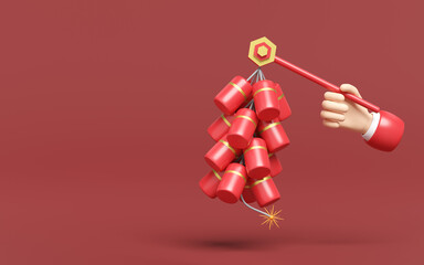 3d hand holding hanging firecrackers for chinese new year holiday. 3d render illustration