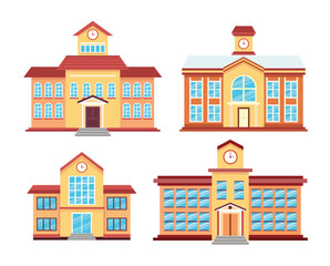 Set of School Building Collection, Children nursery, cartoon style, Cartoon modern school house exterior with cityscape, Elementary children education, study, learning, city architecture.