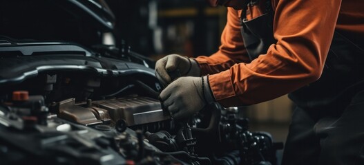 Fototapeta na wymiar Mechanic at work repairing car engine in auto repair shop. Vehicle maintenance.