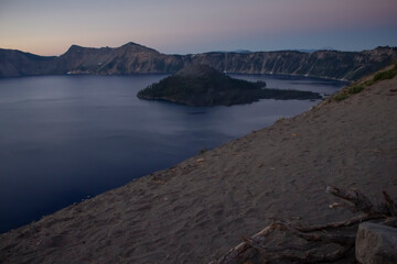 A view of Crater Lake in the early morning.