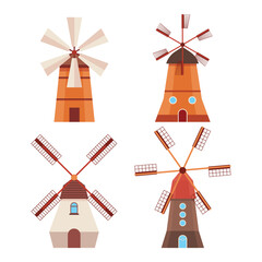 Set of Windmills Collection, German landmark, Vector rural countryside traditional Dutch stone mill, Netherland wooden windmill, Holland building for millstones grain, flour, bread processing - obrazy, fototapety, plakaty