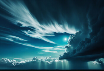 Black green blue night sky with clouds. Dark dramatic skies background for design. Cloudy, rainy, windy, stormy weather. 
