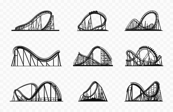 Roller Coaster Silhouette Vector Set, Rollercoaster Loop Black Clipart Bundle