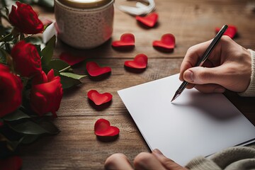 Hand writing love letter with paper hearts and candles, romantic atmosphere - obrazy, fototapety, plakaty