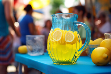 Blue pitcher with homemade lemonade on table at lemonade sale booth - obrazy, fototapety, plakaty